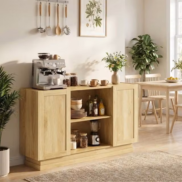 HOMCOM Modern Farmhouse Sideboard Buffet Cabinet in Natural Wood Finish, Brown and Yellow