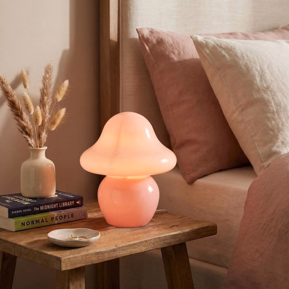 Happy Homewares Blush Pink Glass Mushroom Table Lamp with Round Base – 2