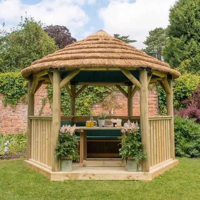 Forest Green Hexagonal Garden Gazebo with Rustic Thatched Reed Roof and Pine and Steel Frame, 3.6 m