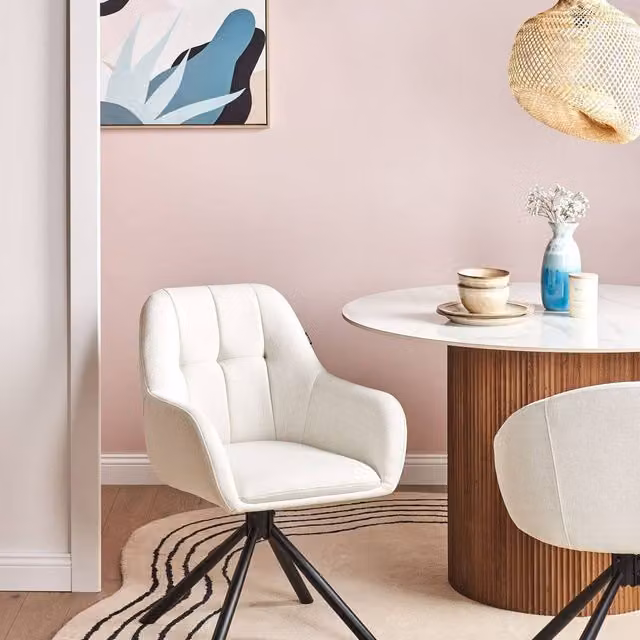 Wyld and Coco Prestige Swivel Dining Chair in Off-White Fabric with White Metal Base – 1