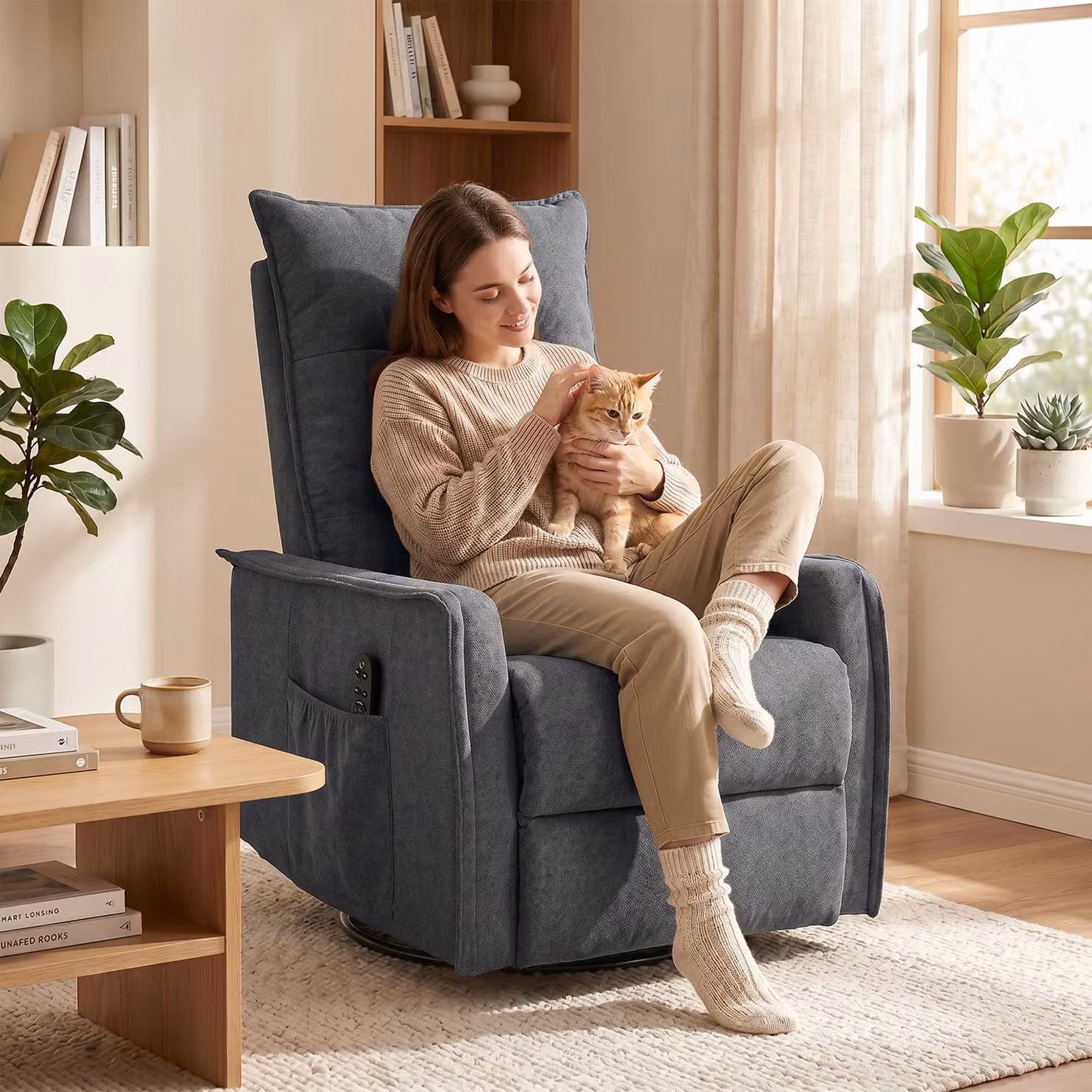 HOMCOM Dark Grey Chenille Recliner Armchair with Massage, Heat and 360 Degree Swivel Rocking Function – 8
