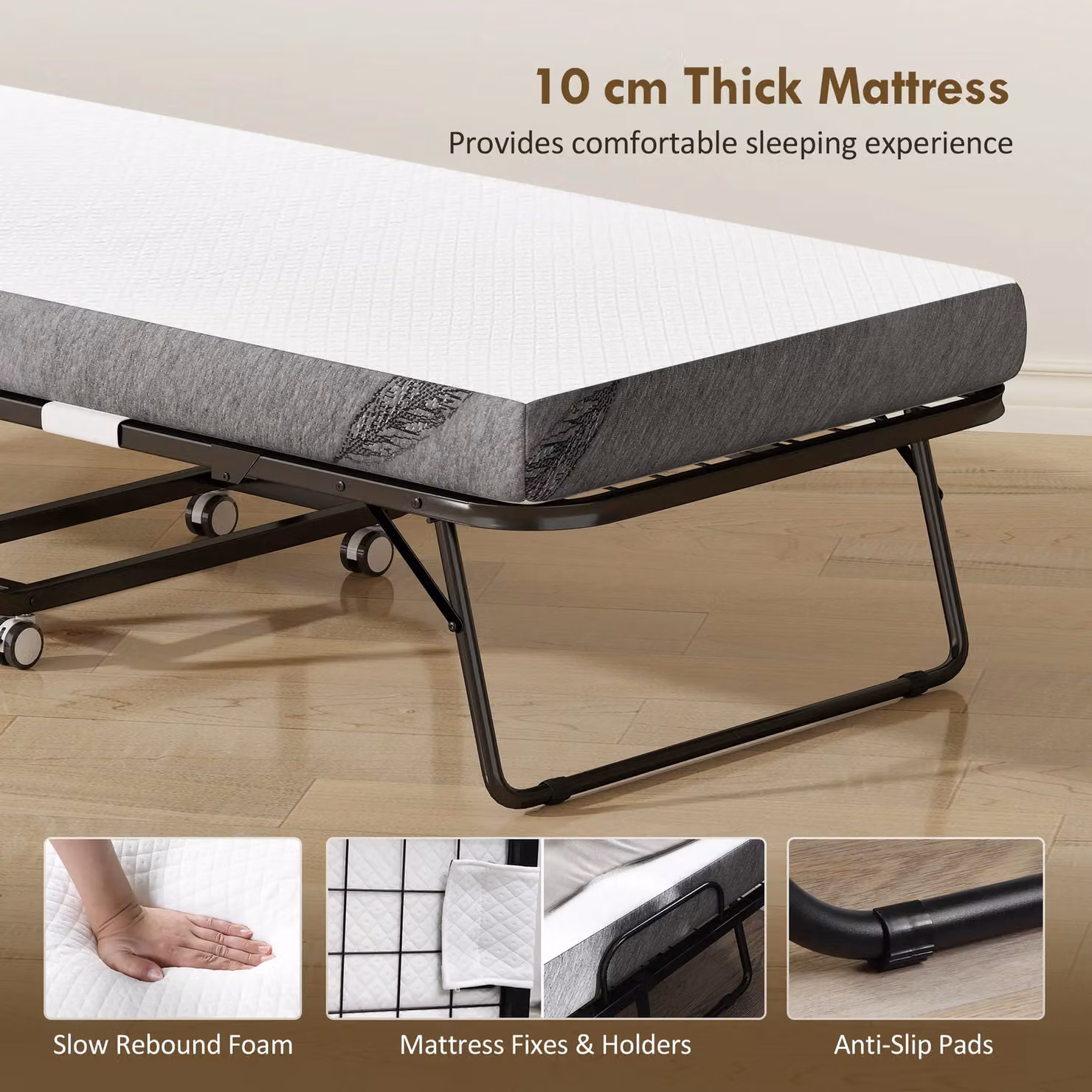 HOMCOM Folding Rollaway Bed with 10cm Mattress and Metal Frame in White, W/D/H: 90 x 190 cm – 4