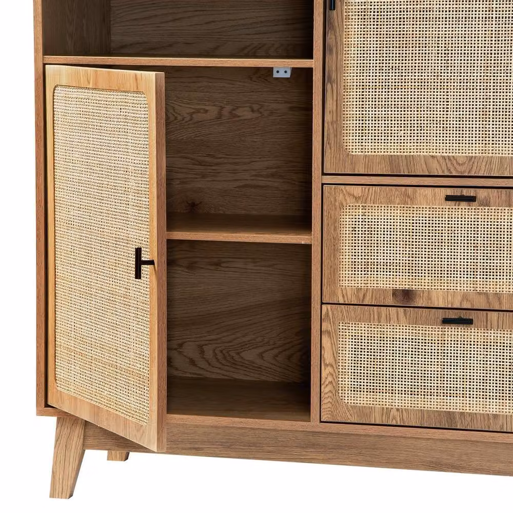 CALICOSY Tall Sideboard with 2 Doors, 2 Drawers and Rattan Fronts in Light Brown, H: 120 cm – 4