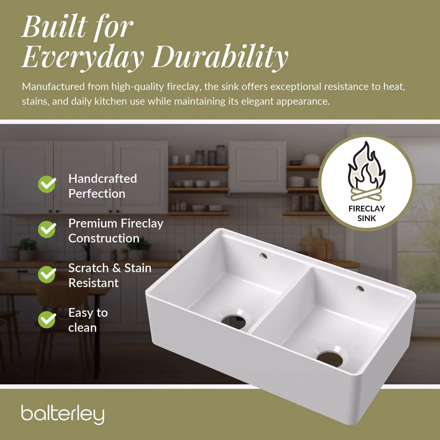 Balterley White Ceramic Fireclay Kitchen Sink with Thin Edge Flush Weir, W: 79.5 cm, D: 46 cm, H: 22 cm – 3