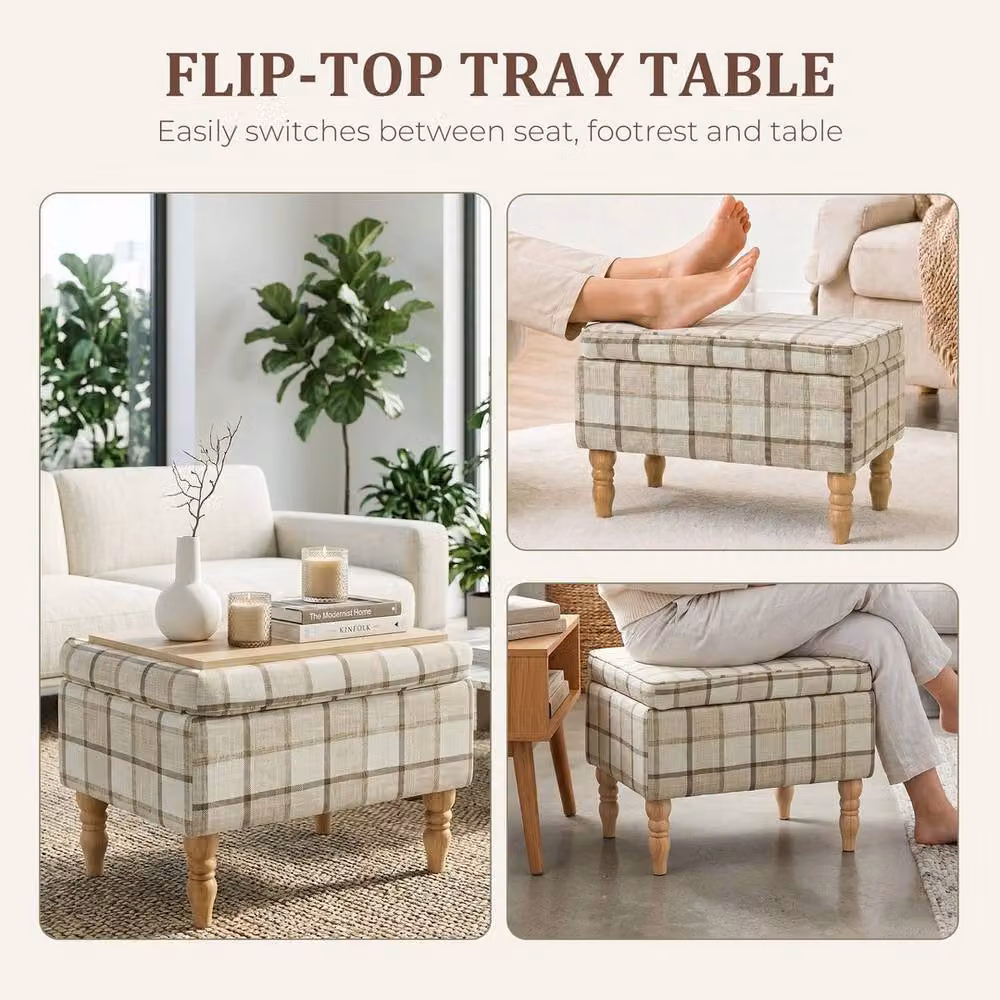 Havendro Beige Linen Fabric Upholstered Rectangular Footstool with Removable Cover – 3