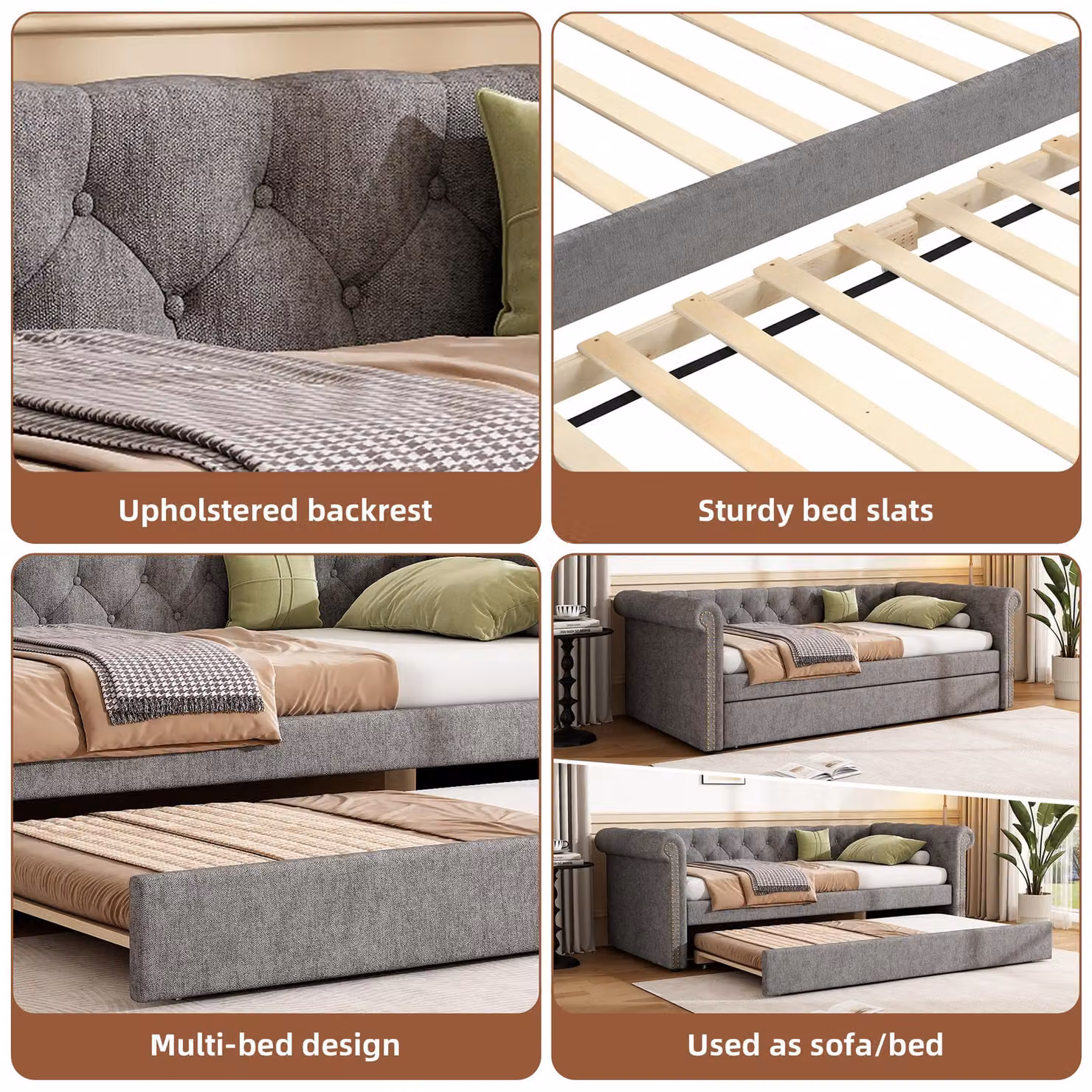 Aosom UK Grey Velvet Upholstered Single Daybed Sofa Bed with Slatted Base, L: 221 cm, W: 98.5 cm, H: 71.5 cm – 3