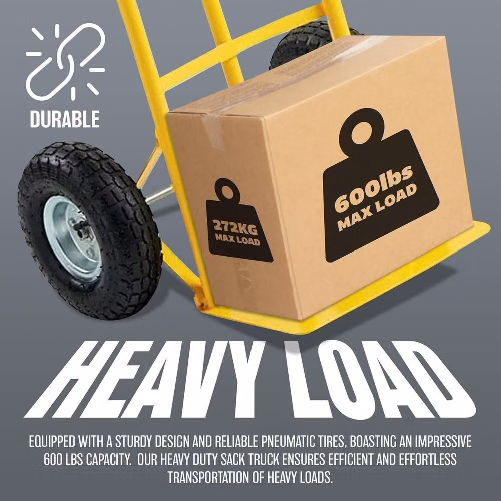 BARGAINS-GALORE Heavy Duty Industrial Sack Truck with Pneumatic Tyres, Yellow Steel Hand Trolley – 5