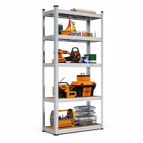 VonHaus Heavy Duty 5-Tier Garage Shelving Unit in Silver with Adjustable MDF Shelves and 175kg Capacity Per Shelf
