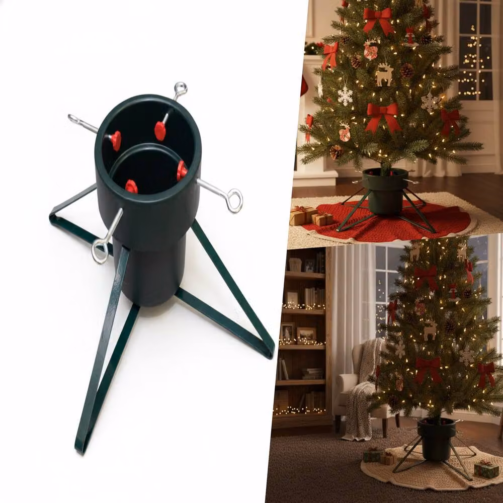 Pegdev Christmas Tree Stand with 4 Legs and 4 Screw Clamps, Green, for Trees up to 2.8m – 4