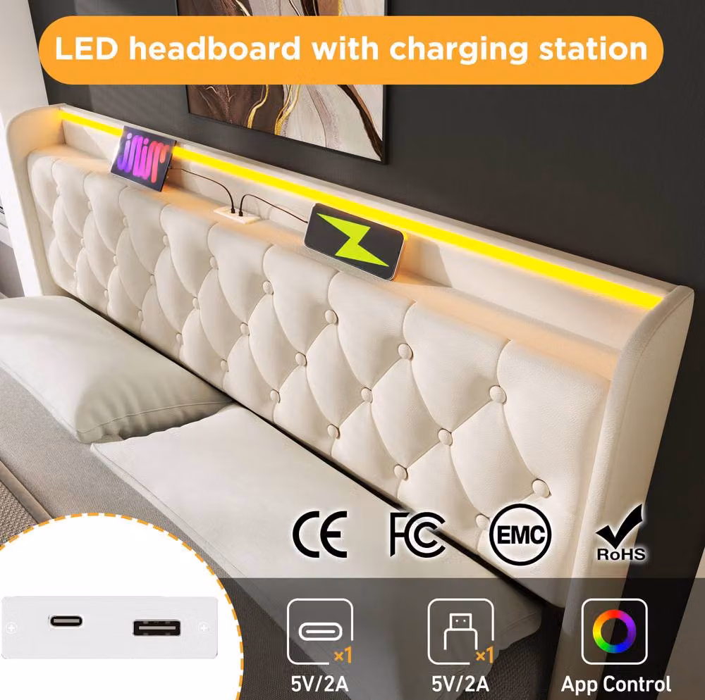 STILVORA Double Ottoman Bed in White with LED Lighting, USB Charging Ports and Bedside Shelf, W/D/H: 140 x 200 cm – 4