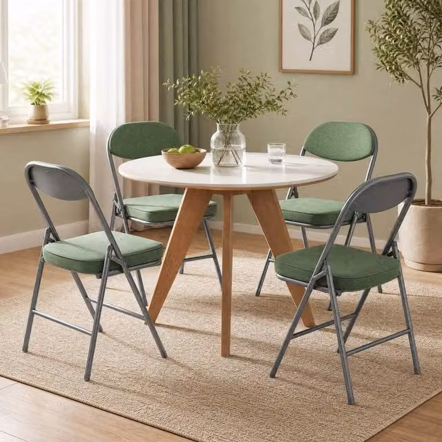STILVORA Set of Four Green Corduroy Upholstered Folding Chairs with Metal Frame