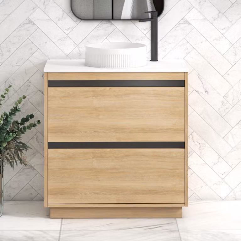 Royal Bathrooms Orion 800mm Natural Oak Floor Standing Plain White Countertop Vanity Unit with 2 Drawers, Round Basin and Black Accent Trim