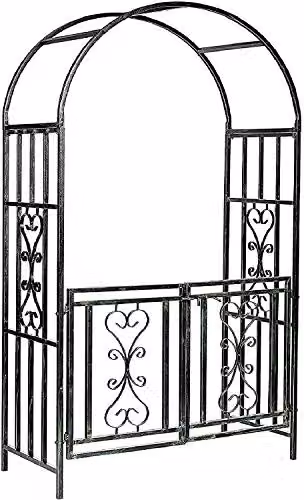 Gr8 Garden Black Metal Rose Arch with Gate and Trellis Support, H: 210 cm x W: 113 cm x D: 52 cm