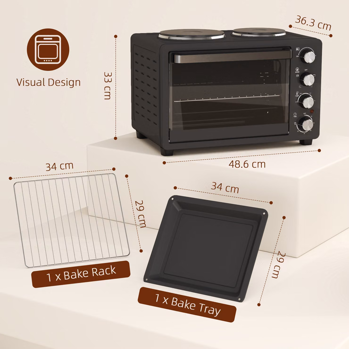 HOMCOM 28L Mini Oven with 2 Hot Plates and Grill, 2600W Countertop Toaster Oven in Black – 3