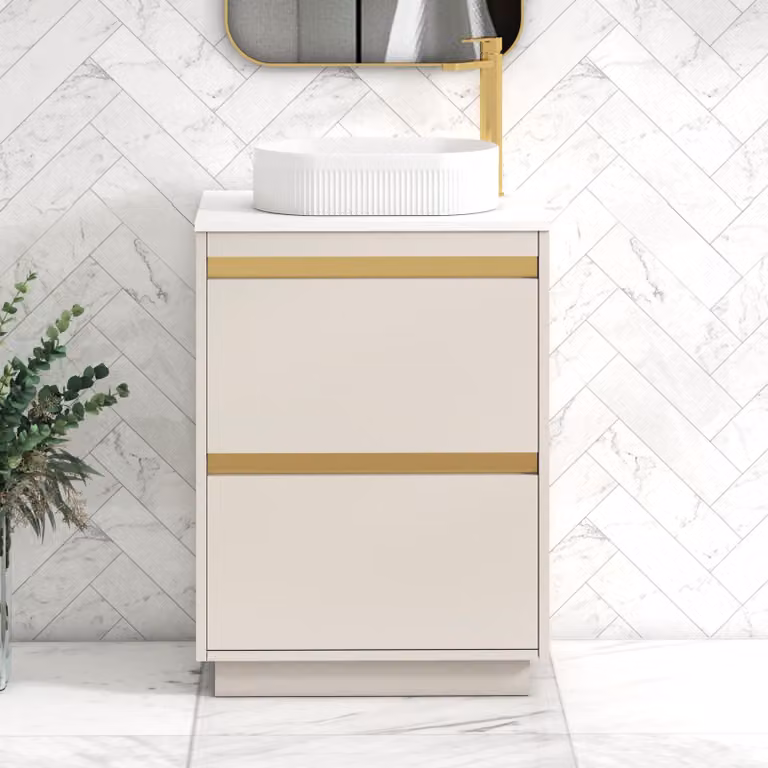 Royal Bathrooms Orion 600mm Warm Taupe Floor Standing 2 Drawer Vanity Unit with Lyon Basin and Brushed Brass Accent Trim