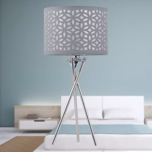 First Choice Lighting Chrome Tripod Table Lamp with Grey Fabric Cylinder Shade in Silver – 3