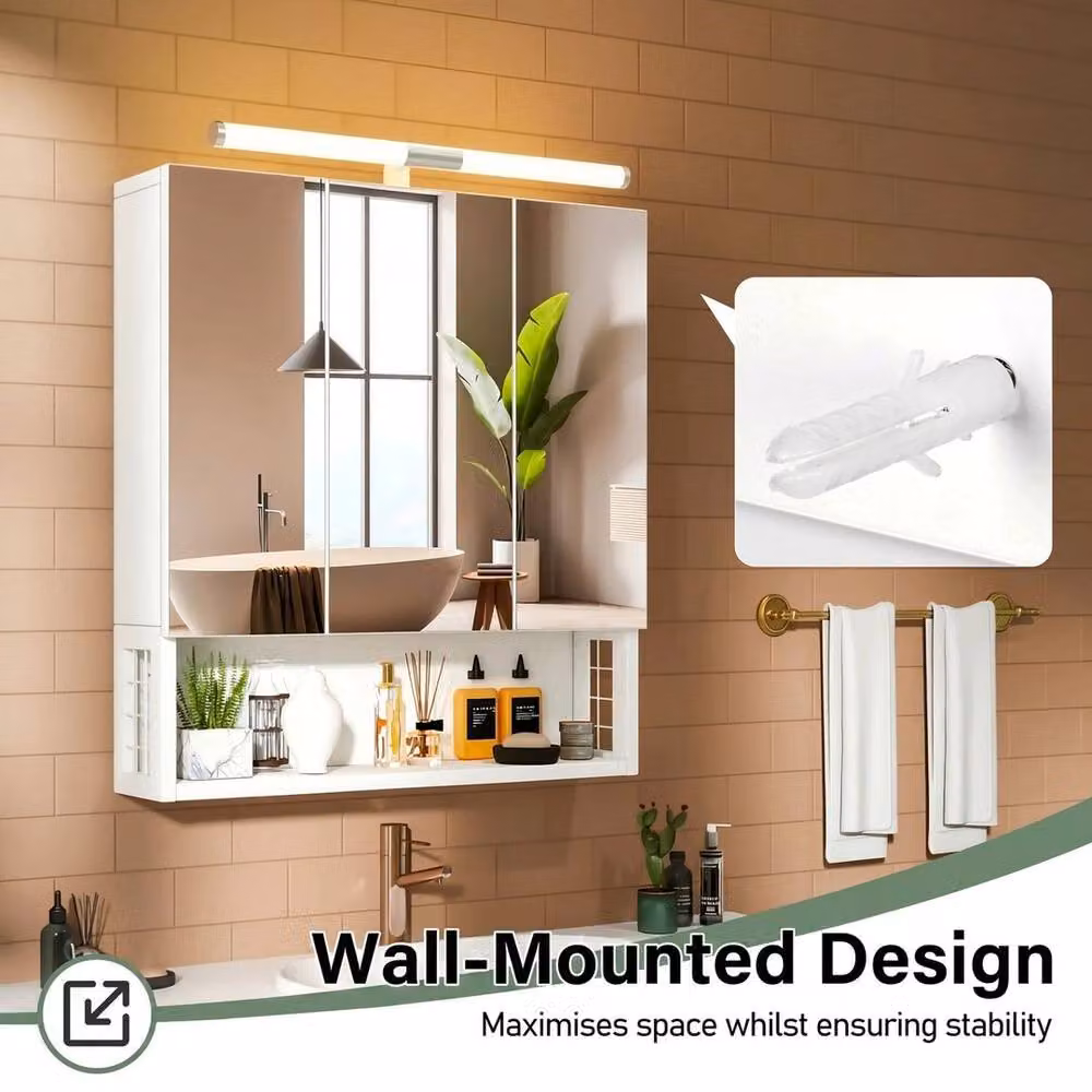 FORGEVIO White Wall-Mounted Bathroom Mirror Cabinet with LED Lighting and Shaver Socket – 2