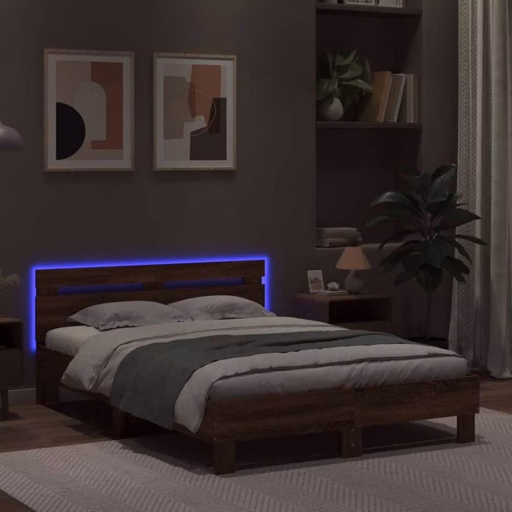Berkfield Home Durable Bed Frame with LED Under-Bed Lighting in Brown Oak, W/D/H: 120 x 200 x 70 cm – 4