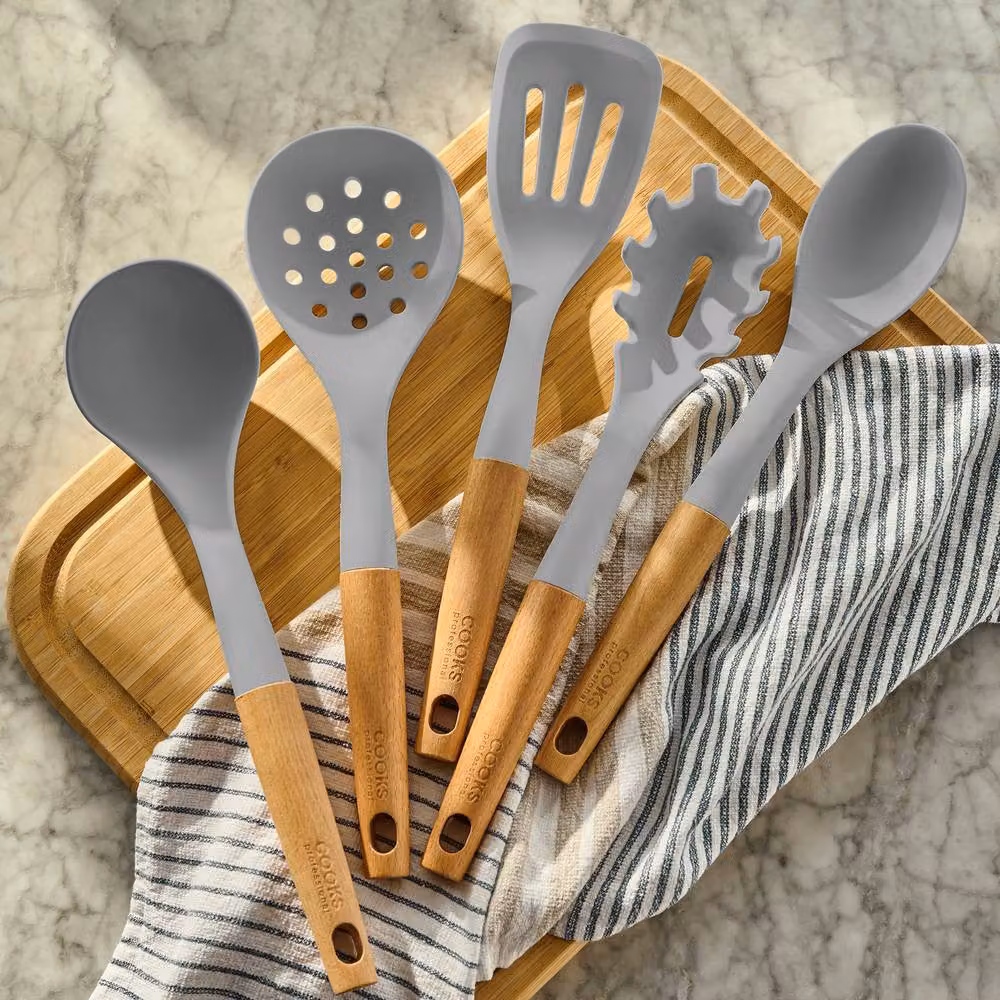 Cooks Professional 5 Piece Grey Silicone and Wood Utensil Set with Heat-Resistant Non-Scratch Heads – 2