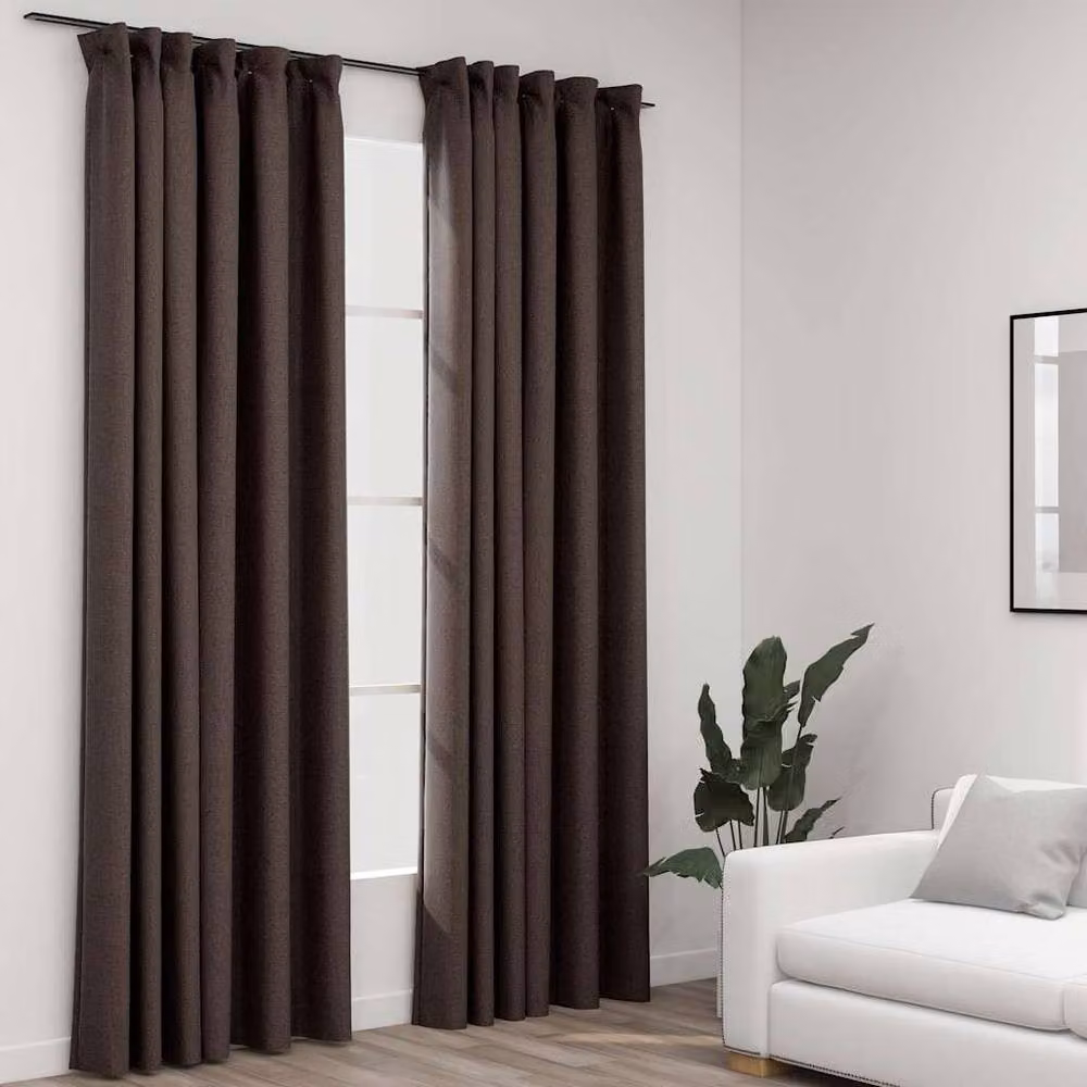 Berkfield Home Linen-Look Blackout Curtains with Hooks, 2 Pack, Brown, W: 140 cm, H: 225 cm – 2