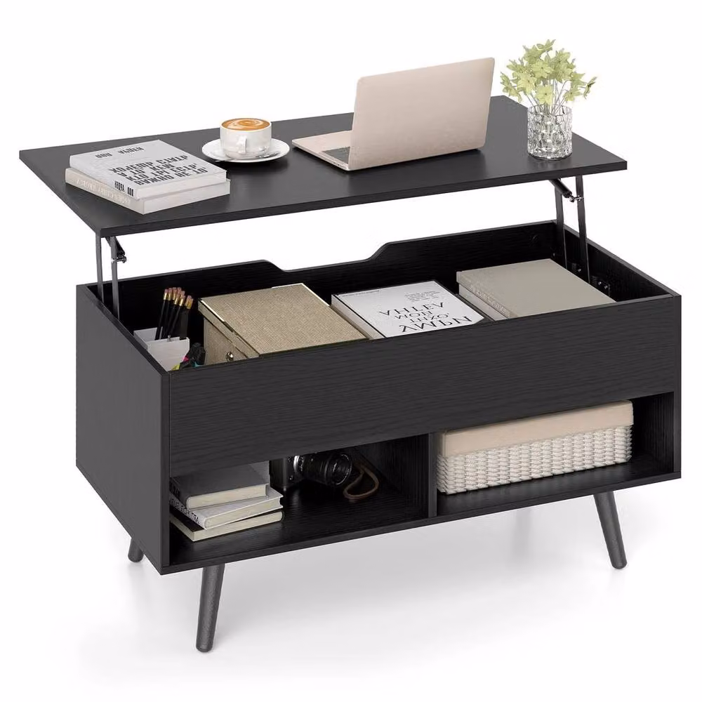 VOGREX Black Mid Century Rectangular Lift Top Coffee Table with Storage Shelves – 3