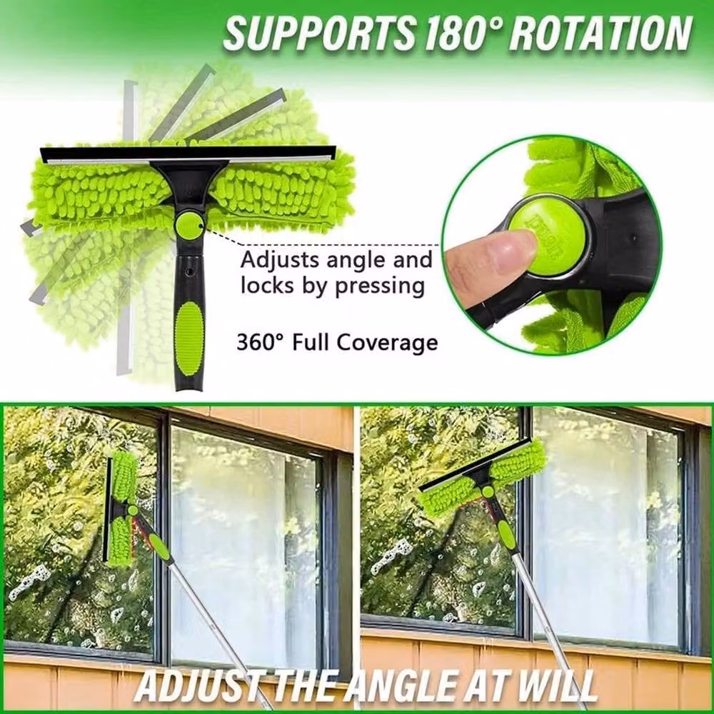 FLAVORA Green Telescopic Extendable Window Cleaner Squeegee with Scraper and Microfibre Refillable Head – 2