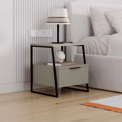 FWStyle Ash Green 1 Door Bedside Table with Black Metal Frame, W/D/H: 40.9 x 45.0 x 50.0 cm – 2