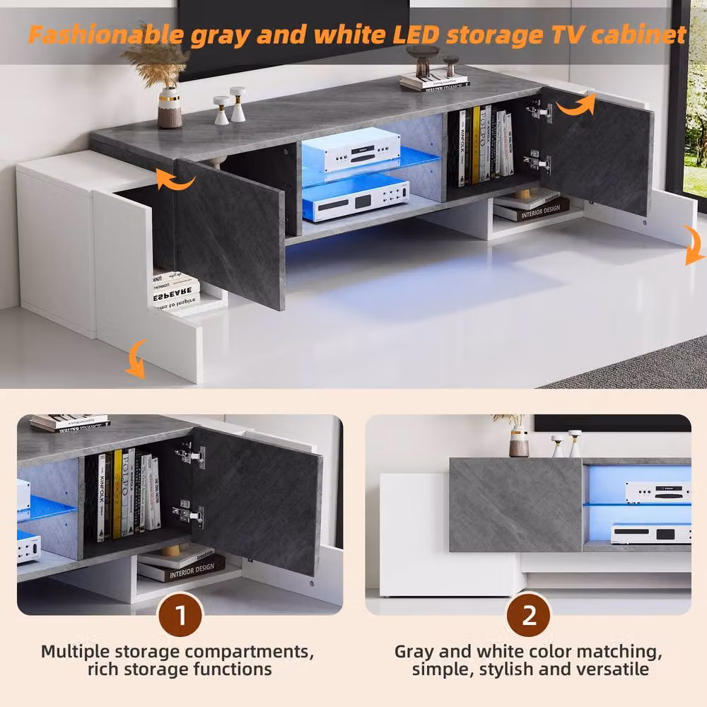 Merax Modern LED TV Stand in White and Grey with 4 Doors, Integrated Lighting and Adjustable Glass Shelves, W/D/H: 160 x 40 x 46.5 cm – 4
