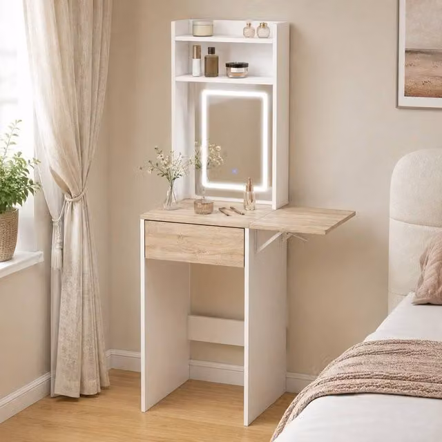 STILVORA Modern White Drop Leaf Dressing Table with Hollywood LED Mirror and Shelves – 1