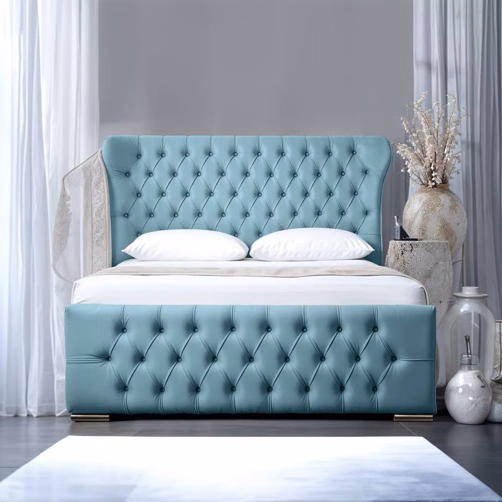 UK Bed Furniture Isabella Upholstered Slatted Base Bed with 48 Inch Wingback Headboard in Blue, W/D/H: 140 x 200 cm – 2