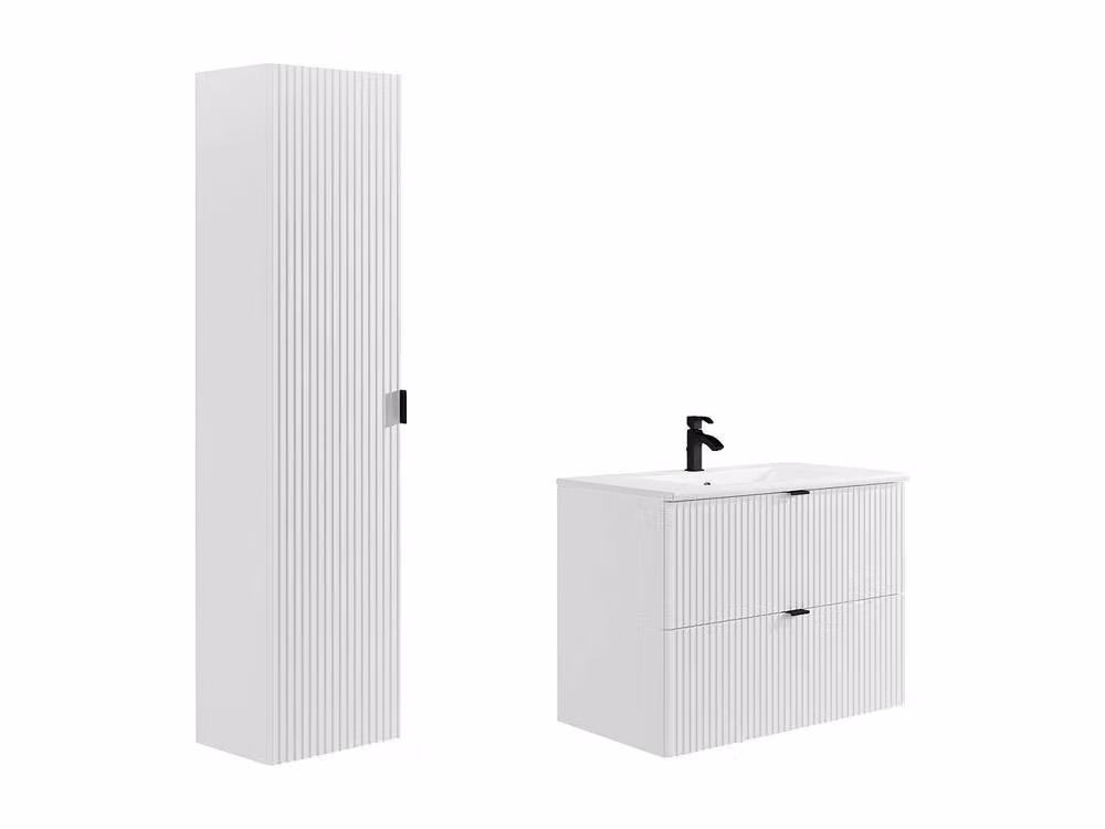 Vente-unique Zevini Ribbed White Wall-Mounted Bathroom Vanity Unit and Tall Cabinet Set with Recessed Stone Basin, W/D/H: 60 x 47 x 80 cm – 2