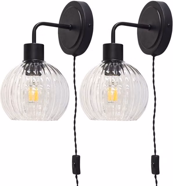 First Choice Lighting Toby Set of 2 Black Plug-in Wall Lights with Transparent Glass Ribbed Shades