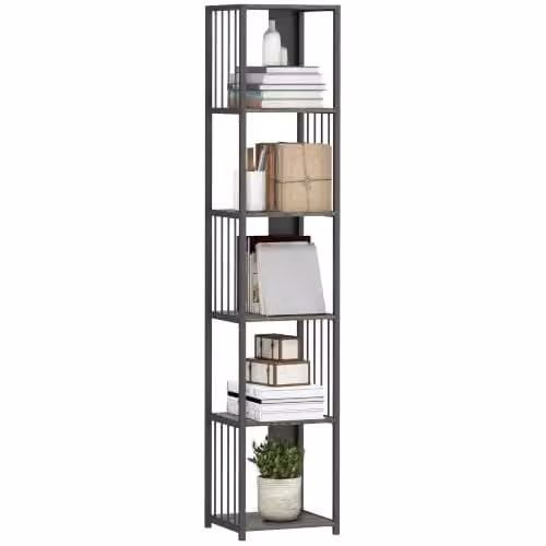 HOMCOM Modern 5-Tier Tall Bookshelf Display Unit in Grey and Black, H 165 x W 33.5 x D 30 cm – 1