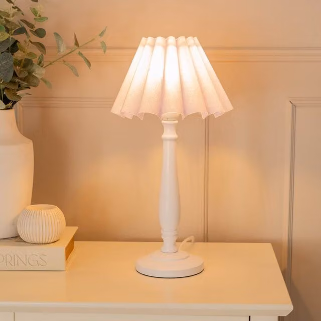 ValueLights White Wood Candlestick Table Lamp with Lilac Fabric Pleated Shade – 2