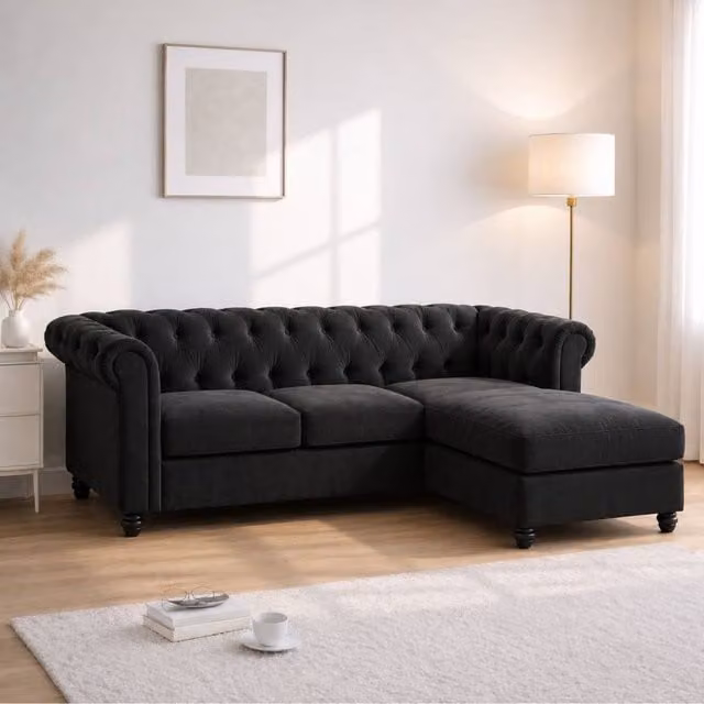 Sofaya Hampton 3 Seater L Shape Chesterfield Sofa in Black Velvet with Right Hand Chaise – 1