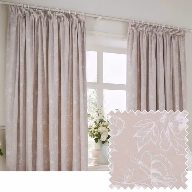 Wylder Bella Floral 100% Cotton Pencil Pleat Curtain Pair in Natural, Width: 183 cm, Drop: 229 cm