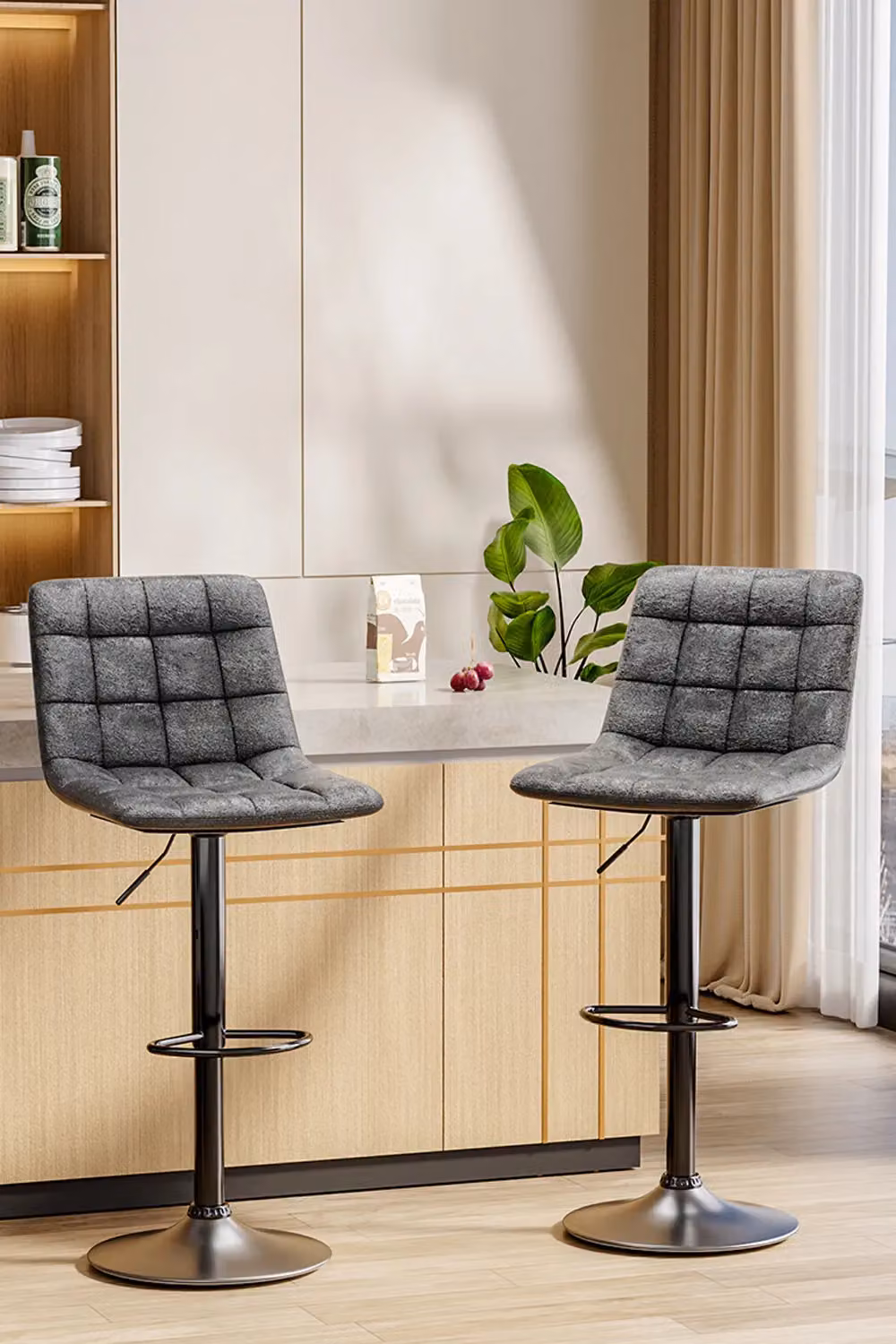 Living and Home Set of 2 Grey Grid PU Leather Upholstered Swivel Bar Stools with Adjustable Height and Metal Frame – 3