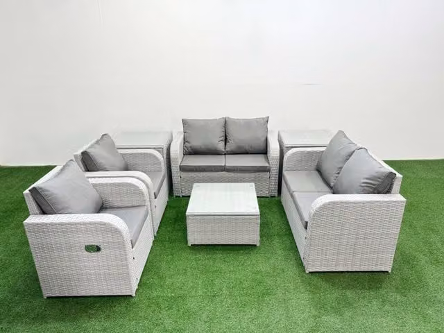 Fimous 6 Seater Rattan Garden Furniture Set with Reclining Chairs, 2 Seater Sofa, Coffee Table and 2 Side Tables in Light Grey