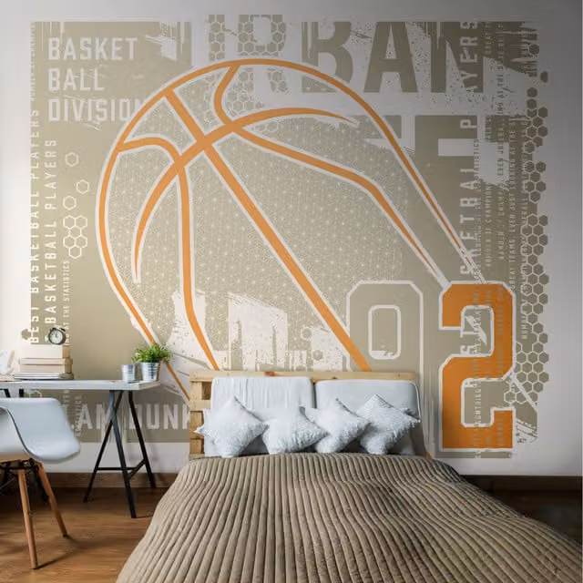 Origin Murals Modern Abstract Basketball Wall Mural in Grey and Multicolour