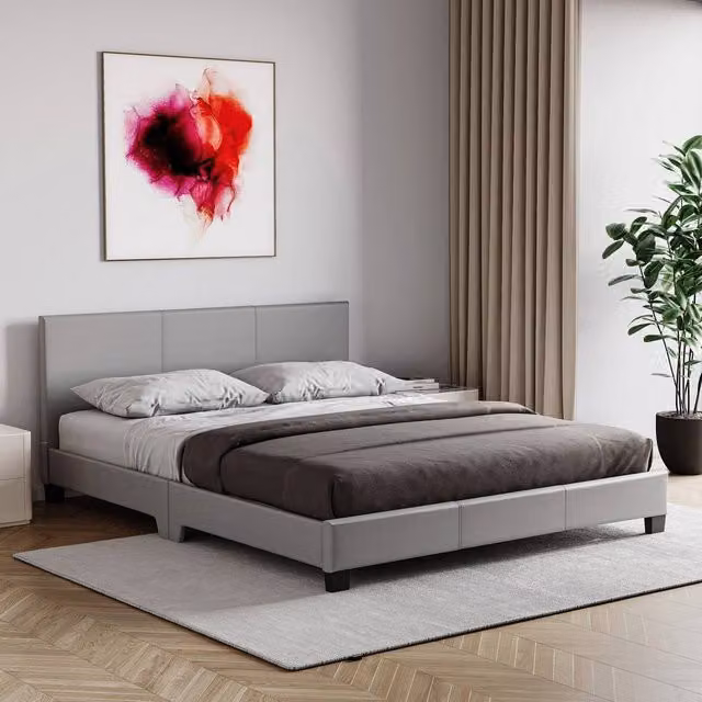 HD Designs Lisbon Double Upholstered Faux Leather Bed Frame with Storage in Grey, 140 x 200 cm – 1