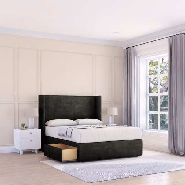 Sloomy Devonshire Dumfries Wingback Bed Set in Black Velvet with 2 Drawers and 54 inch Floor Standing Headboard, Small Double, W/D/H: 120 x 200 x 25 cm