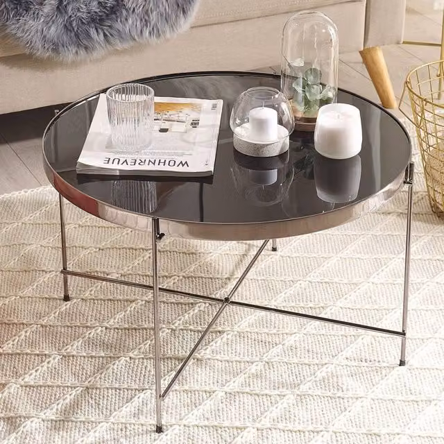 Wyld and Coco Round Coffee Table with Black Glossy Glass Top and Silver Metal Legs, Diameter: 63 cm – 1