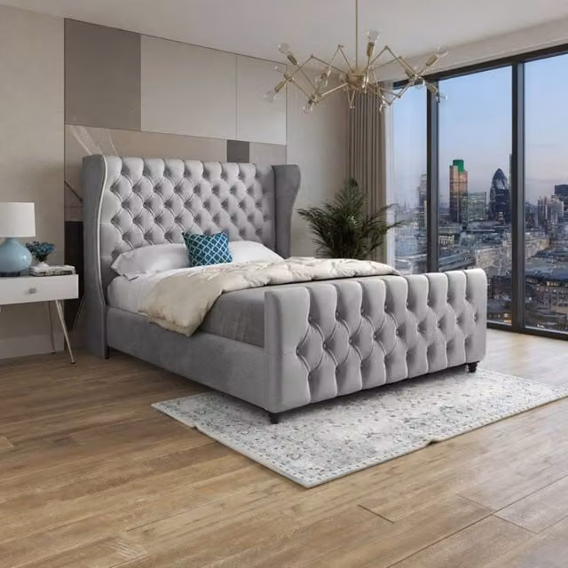 Casani Horsham Upholstered Grey Velvet Designer Bed Frame W/D/H: 120 x 200 x 83 cm