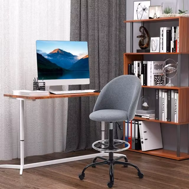 HOMCOM Grey Fabric Ergonomic Drafting Chair with 360 Degree Swivel and Foot Ring