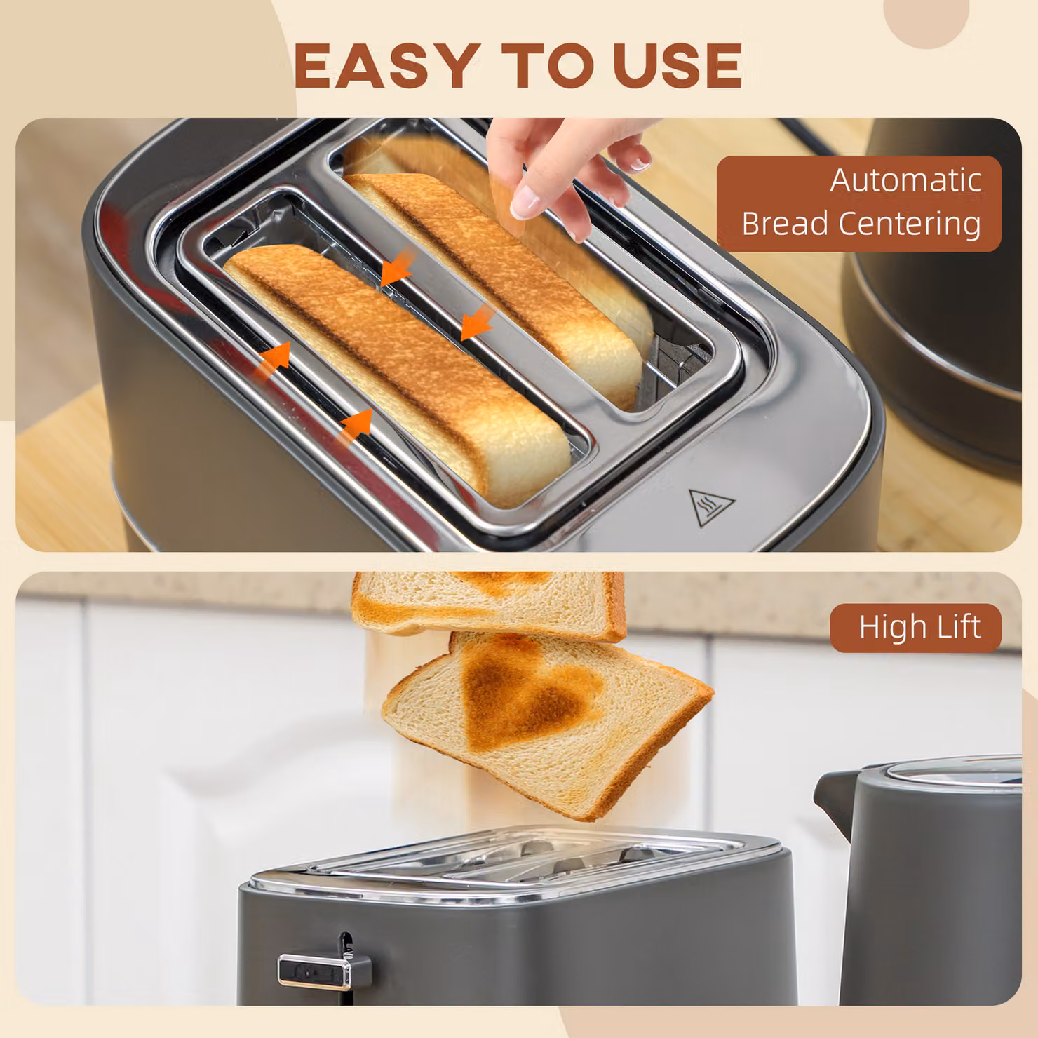 HOMCOM Kettle and Toaster Set in Grey, featuring a 1.7L Fast Boil Kettle and a 2-Slice Toaster with 6 Browning Levels, Defrost and Reheat Functions – 6