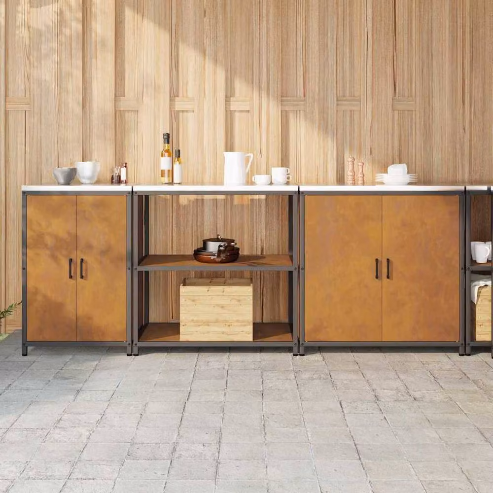 Berkfield Home 3-Piece Industrial Metal Kitchen Storage Set in Brown with Hinged Doors and Open Shelves – 2