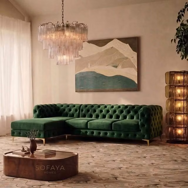 Sofaya Monaco Chesterfield 4 Seater L-Shaped Sofa in Green Velvet with Left Hand Facing Chaise