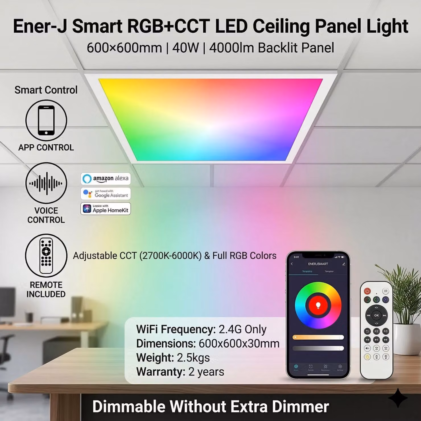 ENER-J Smart RGB CCT Backlit LED Panel, 40W, 4000 Lumen, White and Multicolour, W/D: 60 x 60 cm – 3