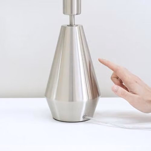 ValueLights Silver Chrome Metal Touch Dimmer Table Lamp with Grey Fabric Cylinder Shade – 2