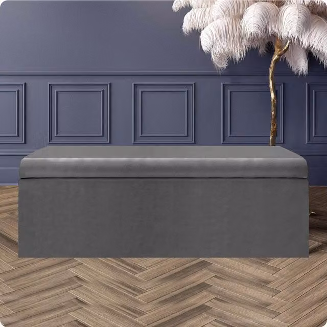 R&M Furnishers Large Plain Safar Storage Ottoman Box in Grey Plush Velvet
